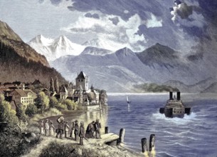 Lake Thun, Thunersee, is an alpine lake in the Bernese Oberland in Switzerland, here with Oberhofen