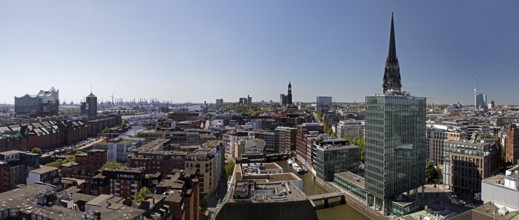City view from above with the Elbphilharmonie and the St. Nikolai memorial, Hamburg, Germany