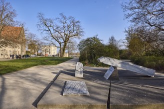 Memorial to the Persecution of the Sinti and Roma, park, lawn, bare winter trees, path, blue sky,