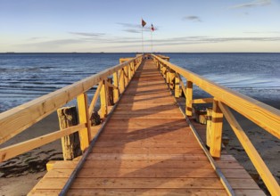 New south beach bridge at atmospheric sunrise with a view of Amrum, Südstrand, Wyk auf Föhr, North
