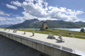 View from viewing platform to Mont-Cenis Pyramid Museum with stylised pyramid as museum in memory
