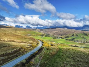 Farms and Moors over Loch Harport from a drone, Drynoch, Isle of Skye, Highlands, Scotland, United