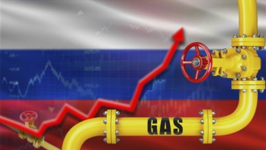 Gas pipeline with Russia flag in background. Increase in gas production with Russian flag, Concept