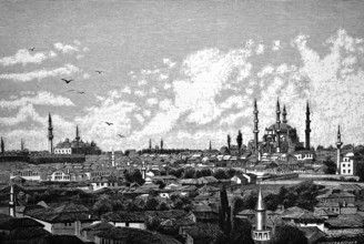 Cityscape of Adrianople or Edirne with Selimiye Mosque, Ottoman architecture, domed building,