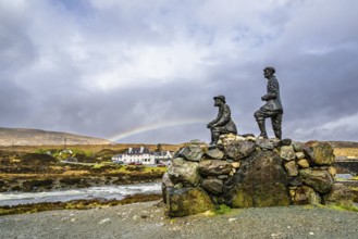 Rainbow over Collie and MacKenzie Statue, Sligachan Old Bridge, Isle of Skye, Scotland, UK