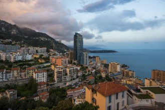 Panorama, Skyline with skyscrapers by the sea, Sunset, Monte Carlo, Cote d'Azur, Monaco