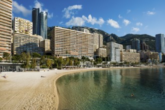 Panorama, Skyline with skyscrapers and beach, Plage du Larvotto, Monte Carlo, Cote d'Azur, Monaco
