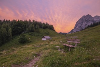 Magical sunset at the Halsalm above the Hintersee near Berchtesgaden