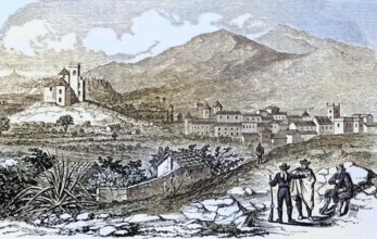 Scene in 19th century Andalusia, people standing in front of a town, landscape, Spain, digital