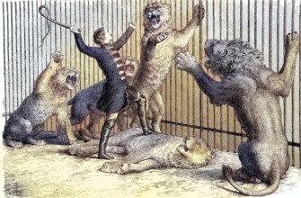 Thomas Batty, 1832-1903, English tamer and circus owner and his lions, coloured woodcut from 1864,