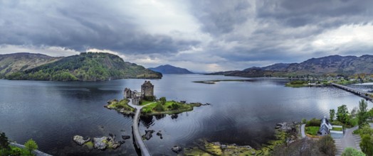 Panorama of Eilean Donan Castle and Loch Duich from a drone, Isle of Skye, Highlands, Scotland,