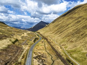 Montaims over West Highland Way A82 from a drone, Clifton, Crianlarich, Highland, Scotland, UK