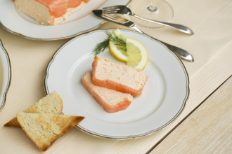 Southern German cuisine, salmon trout terrine arranged on a plate, salmon terrine with trout