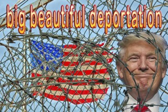 Symbolic image, Trump as US dictator, lawless deportations, no more United States, democracy versus