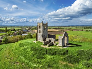 Burrow Mump from a drone, Southlake Moor, Burrowbridge, Taunton, Somerset, England, United Kingdom