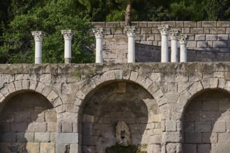 Ancient stone structure with columns and overgrown trees in the background, arcade, lower terrace,