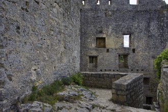 Close-up of an old, stone castle ruins courtyard, Reußenstein castle ruins, Neidlingen