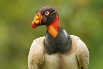 King vulture, Costa Rica, large bird found in South America. Flying bird, forest in the background.