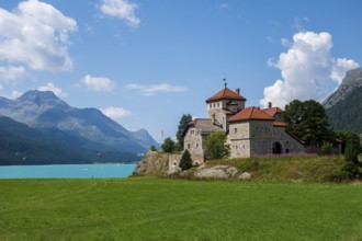 Crap da Sass Castle on Lake Silvaplana near St. Moritz, Engadin, Graubünden, Switzerland