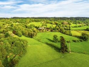Farms over Coniston Water from drone, Lake District National Park, Cumbria, UK