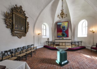Church interior with altar, chairs and Gothic vault, 14th century church, Old Town, Ringkøbing,