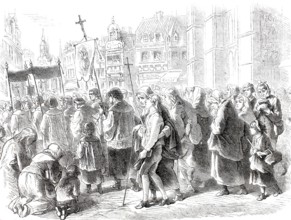Pilgrimage to Kevelaer, group of pilgrims on the way to the pilgrimage church, 1869, District of
