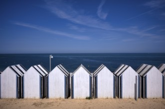 Bathing huts, beach huts, beach cabins, bathing cabins, cabins, sea, sky, blue, Yport, Normandy,