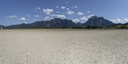Cracked, dried out ground, waterless Forggensee in spring, behind it Tegelberg massif and Säuling,