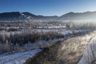 Sunrise on the Isar, Isar valley near Arzbach, Tölzer Land, in winter, aerial view, Upper Bavaria,