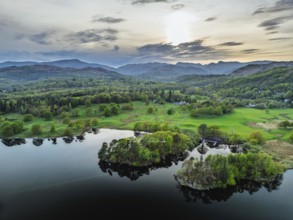 Sunset over Windermere Lake from a drone, Ambleside, Lake District, Cumbria, England, United