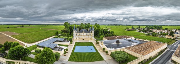 Panorama of Chateau Pichon Longueville Baron Vineyard and grape fields around Pauillac from a