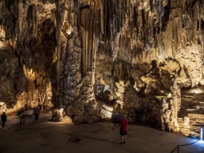 Cueva de Nerja, illuminated cave, large stalagmites and stalagtites, Nerja, Andalusia, Spain