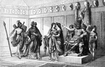 The gods of the north, Woden greets the god of music, digital reproduction of a historical model