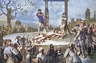 Torture, Execution of the death penalty by means of the wheel, Germany, coloured wood engraving,
