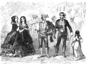 Traditional costumes from Catalonia in 1870, Spain, digitally enhanced reproduction of a 19th