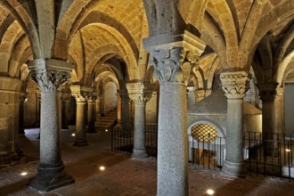 Vaults, canopy, columns and capitals in the underground grove of columns, pagan crypt, 10th