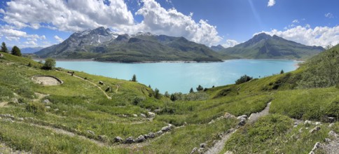 Panoramic view of Jardin Alpin in the foreground, Lac du Mont Cenis reservoir behind, Mont Cenis