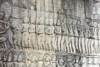 Stone bas-reliefs, Khmer war campaign against the Cham, relief wall, east façade, Bayon temple,