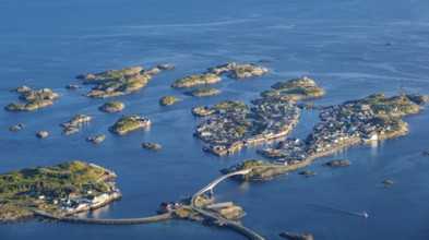 Bridges connecting numerous small rocky islands, archipelago islands, view of Henningsvær, Vågan,