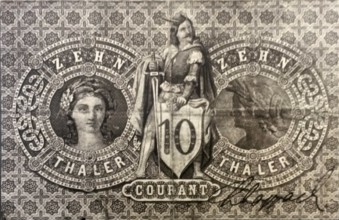 Banknote, emergency money, ten Thaler, Taler, reverse, Mitteldeutsche Creditbank, 1856, Germany,