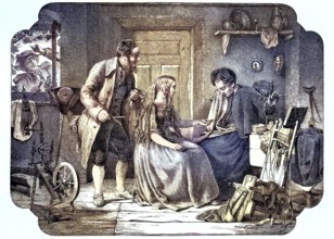Hair buyer in Thuringia, woman with long hair sells her hair and the buyer stands ready with