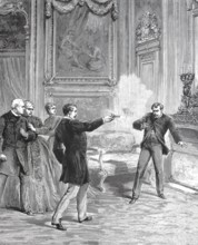 Man shoots his opponent with a revolver, illustration to Martyre, drama in five acts by Adolphe