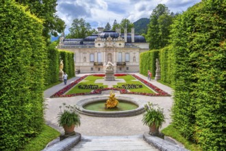 Baroque garden parterre with the east side of Linderhof Castle, Ettal, Ammertal, Upper Bavaria,