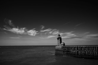 Sea, lighthouse Feu de la jetée Sud, lighthouse, black and white, harbour entrance, pier, Fécamp,
