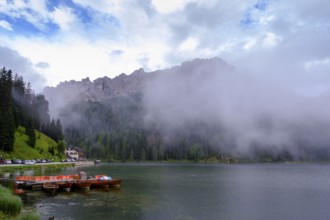 Lake Misurina, Lago di Misurina in the fog, Auronzo di Cadore, Dolomites, Veneto, Italy