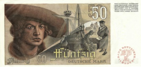 Banknote, banknote, 50 Deutsche Mark, reverse, series 2, Germany, reproduction of a historical
