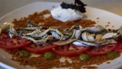 A plate of sardines on tomatoes, stylishly served with various ingredients, Stegna Beach, Stegna