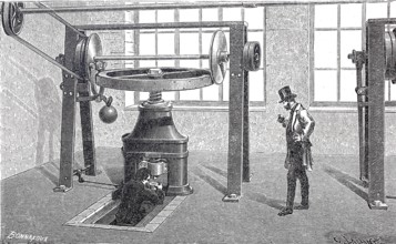 Worker at a mint, coin minting block, moved by steam, 1870, England, digitally enhanced