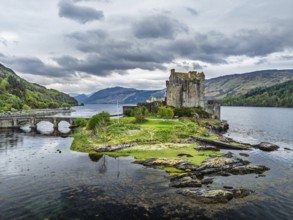 Eilean Donan Castle and Loch Duich from a drone, Isle of Skye, Highlands, Scotland, England, United
