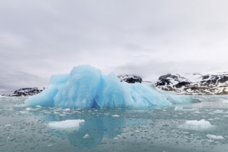 Iceberg in front of a mountain range, glacier ice, Smeerenburgbreen, Scandinavia, Spitsbergen